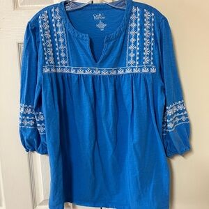 Croft & Barrow Womens XL Blue Embroidered Split V-Neck 3/4 Sleeve Tunic Paisley